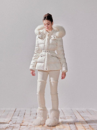YZZI HE Fox Fur Collar Hooded High Waist Slim Women&