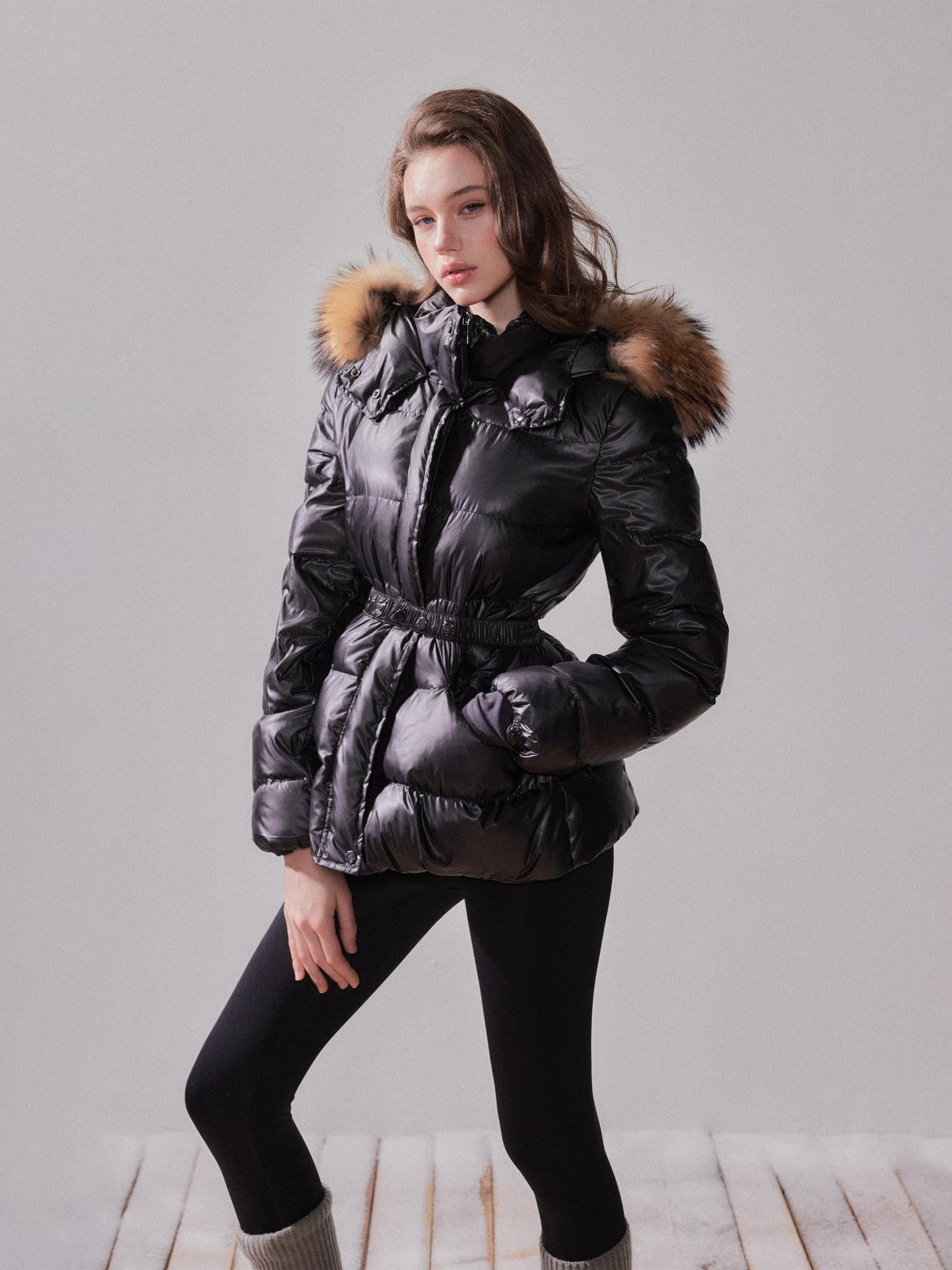 YZZI HE Fox Fur Collar Hooded High Waist Slim Women&