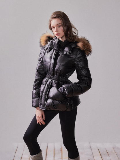 YZZI HE Fox Fur Collar Hooded High Waist Slim Women&