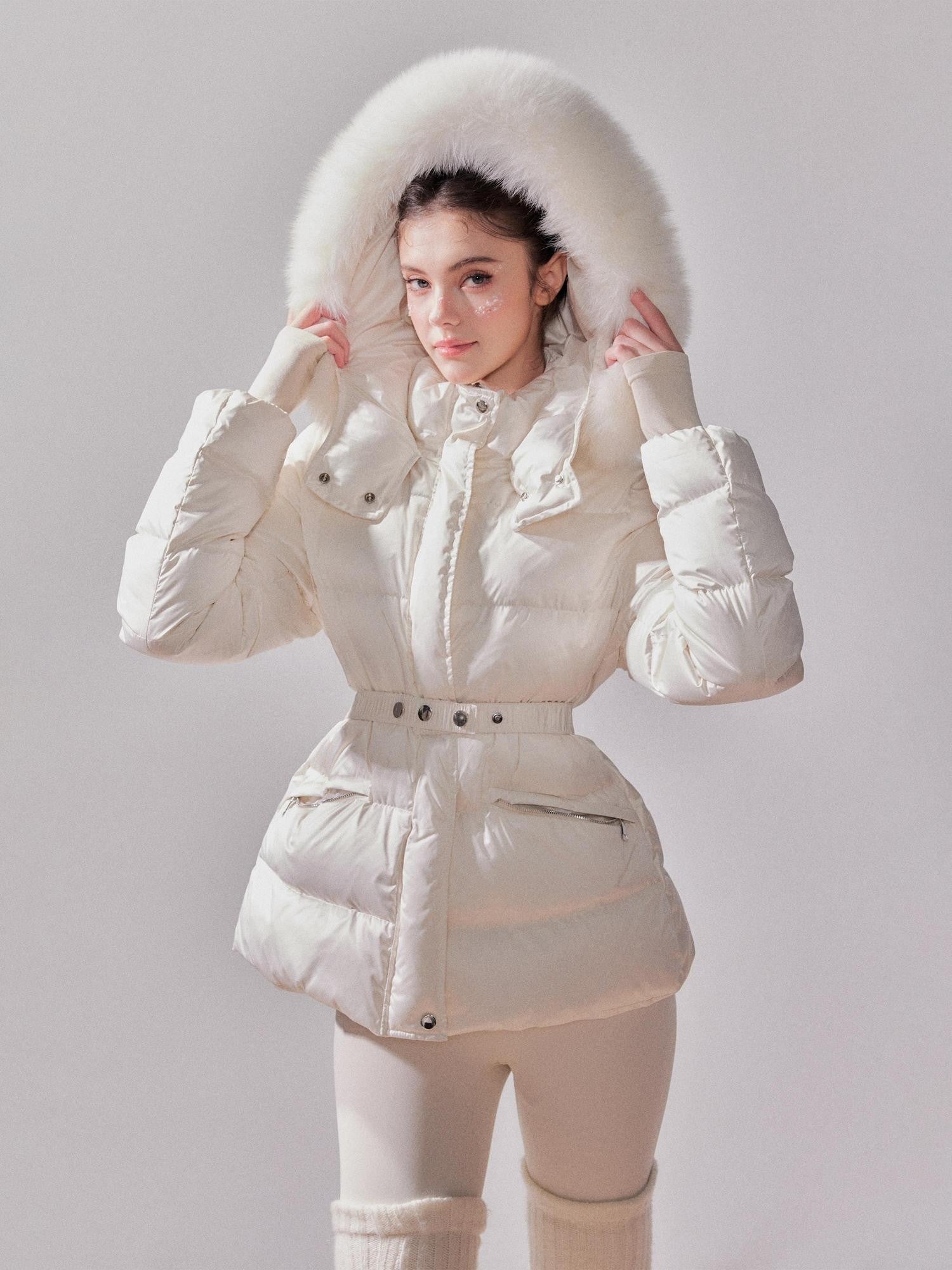 YZZI HE Fox Fur Collar Hooded High Waist Slim Women&