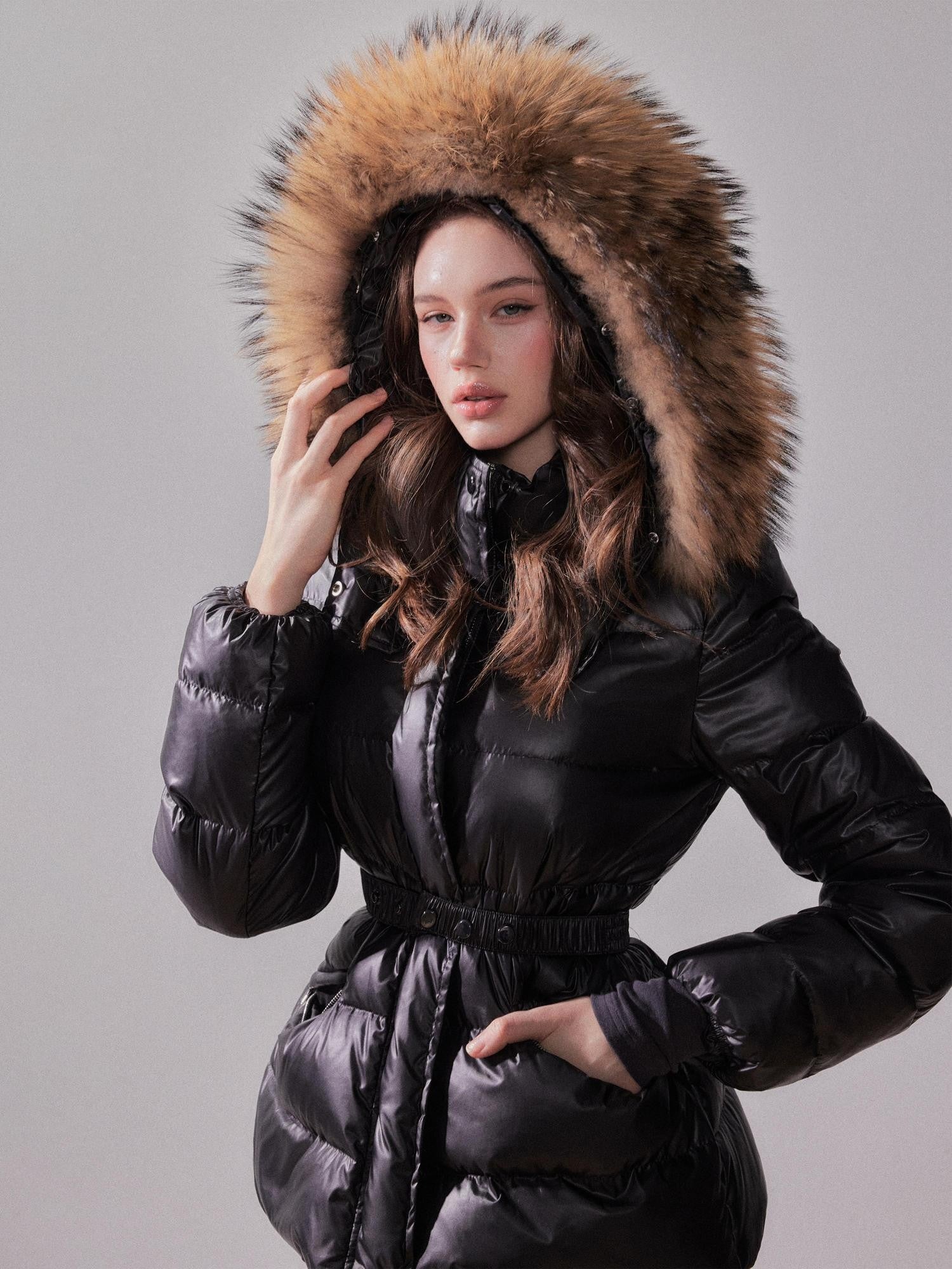 YZZI HE Fox Fur Collar Hooded High Waist Slim Women&