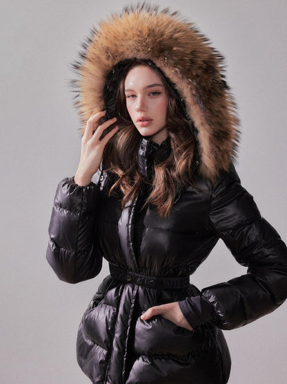 YZZI HE Fox Fur Collar Hooded High Waist Slim Women&