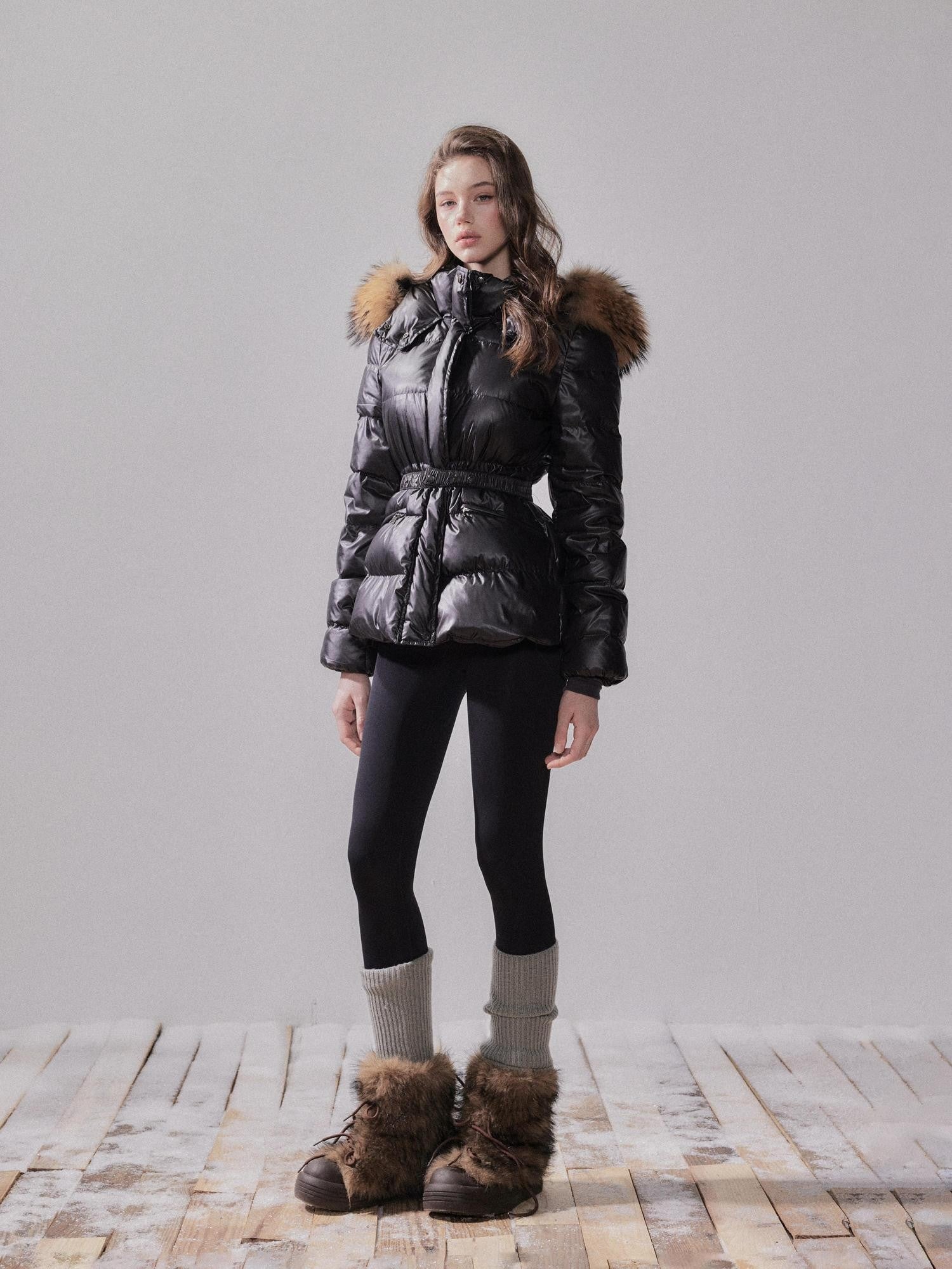 YZZI HE Fox Fur Collar Hooded High Waist Slim Women&
