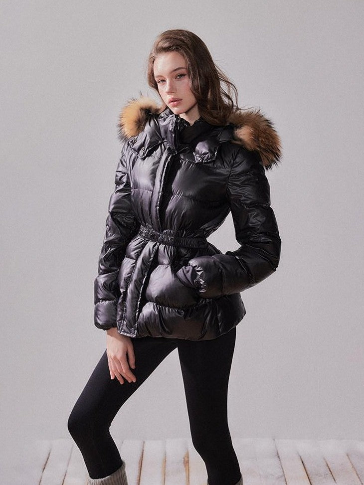 YZZI HE Fox Fur Collar Hooded High Waist Slim Women&