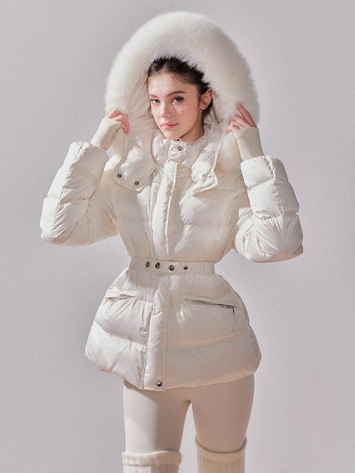 YZZI HE Fox Fur Collar Hooded High Waist Slim Women&