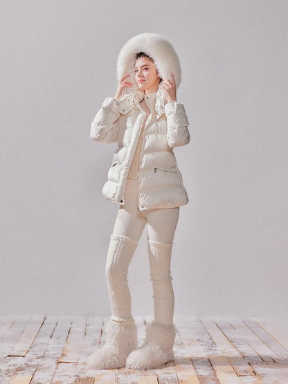 YZZI HE Fox Fur Collar Hooded High Waist Slim Women&