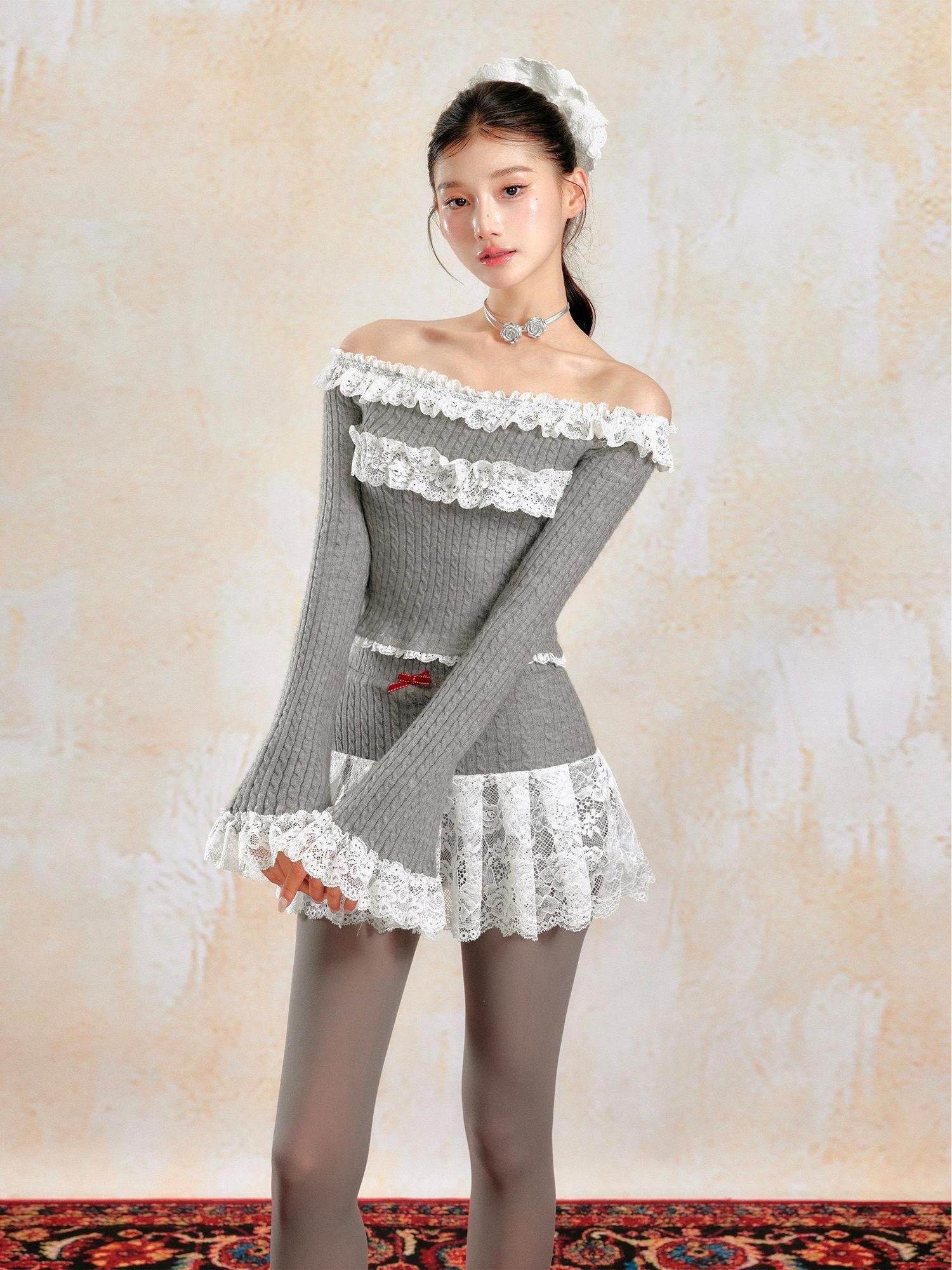 YZZI HE French Girlish Off Shoulder Lace Long Sleeve Women&