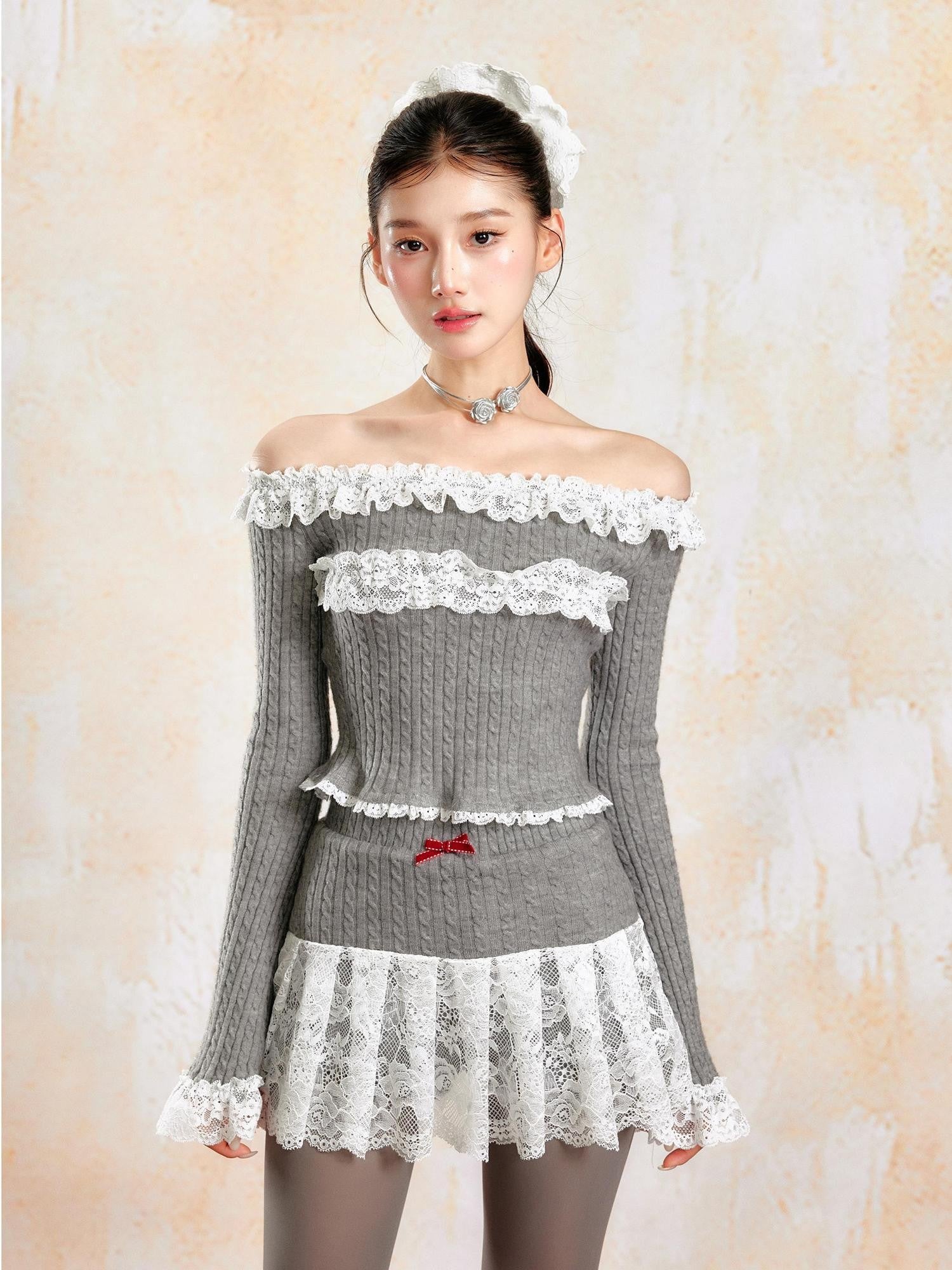 YZZI HE French Girlish Off Shoulder Lace Long Sleeve Women&