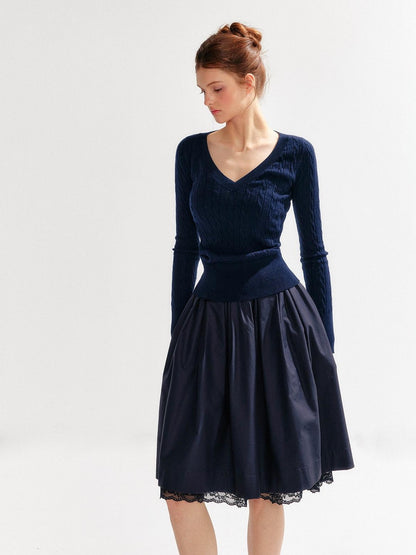 YZZI HE French Vintage Lace Trim Flared A Line Women&