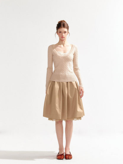 YZZI HE French Vintage Lace Trim Flared A Line Women&
