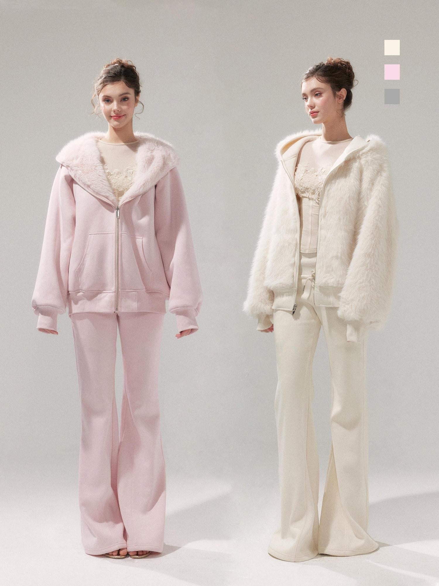 YZZI HE Gardenia White Reversible Hooded Fuzzy Women&