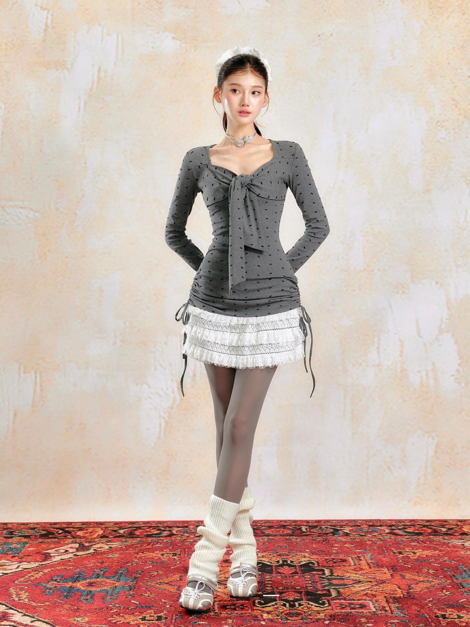 YZZI HE Gray Bow Print Ballet Gathered Puff Women&