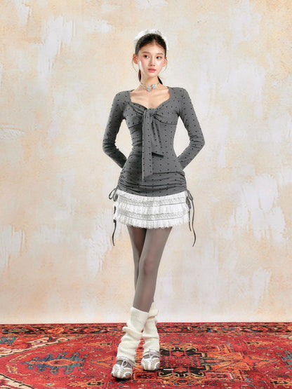 YZZI HE Gray Bow Print Ballet Gathered Puff Women&