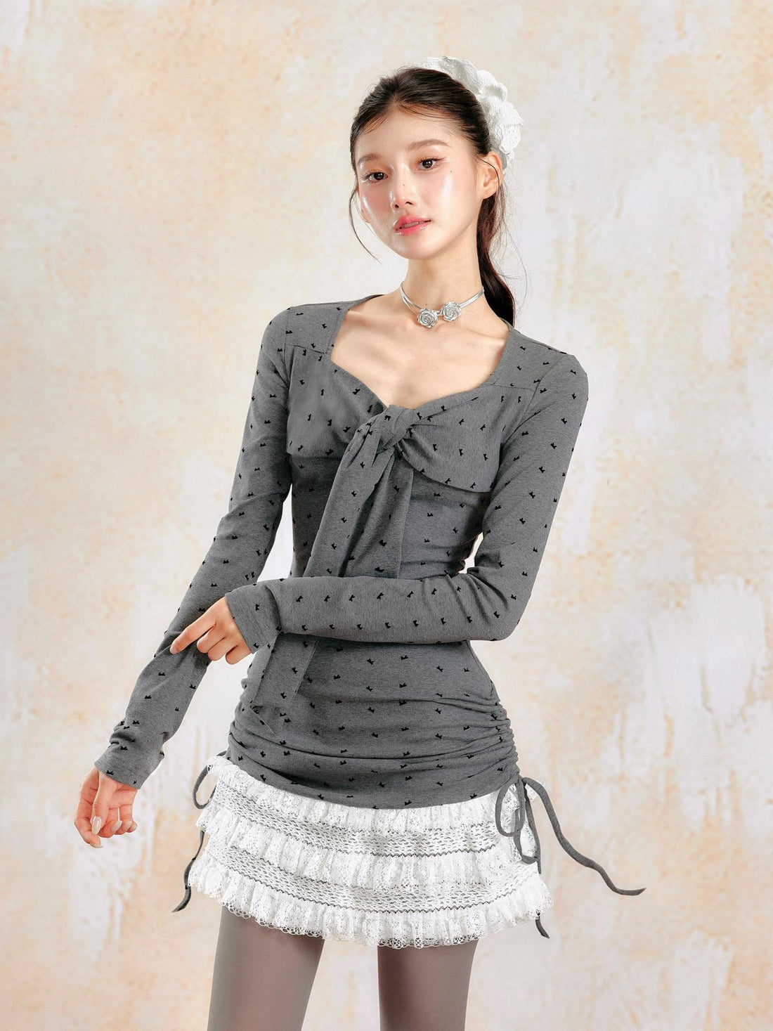 YZZI HE Gray Bow Print Ballet Gathered Puff Women&
