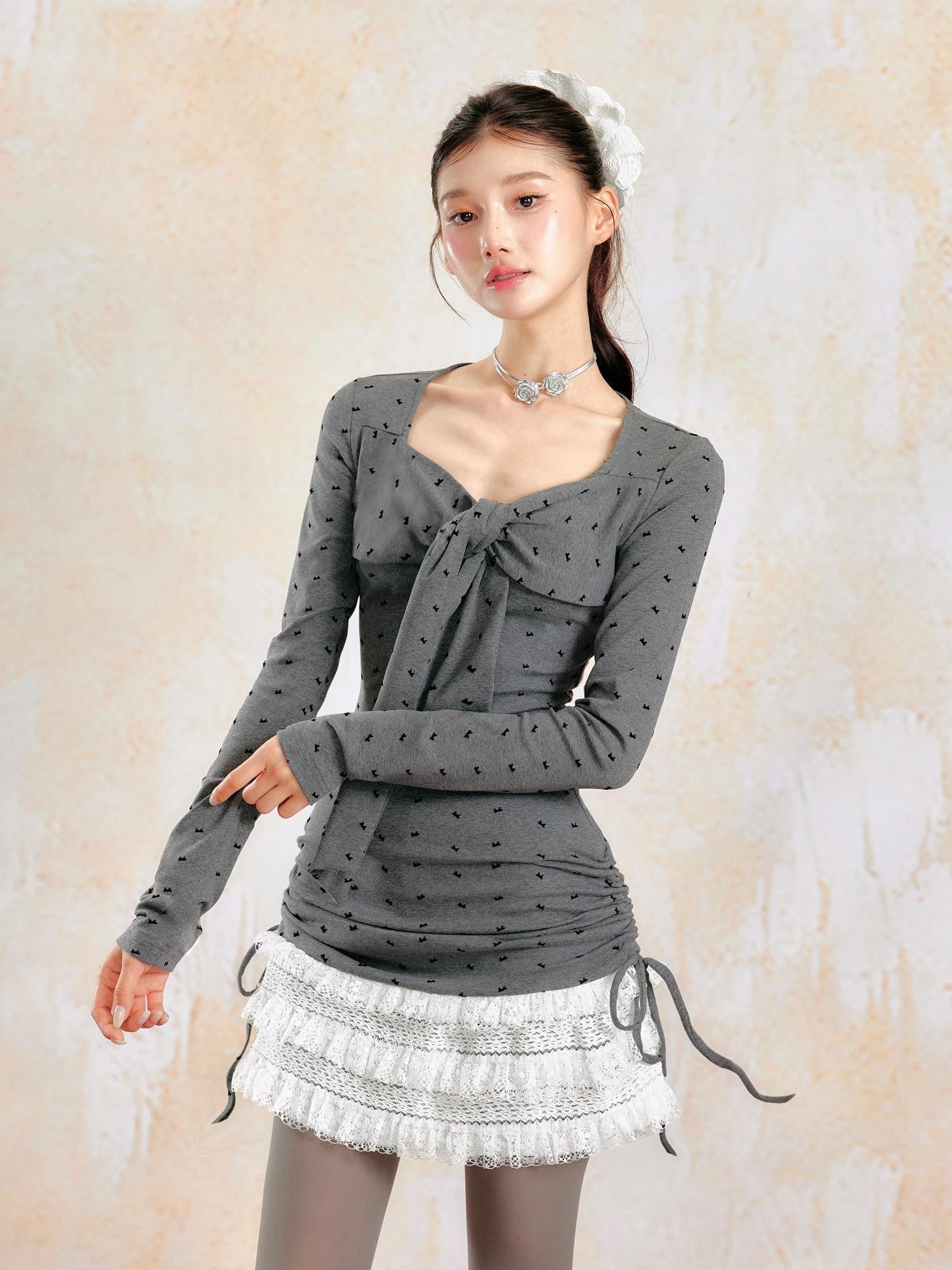 YZZI HE Gray Bow Print Ballet Gathered Puff Women&