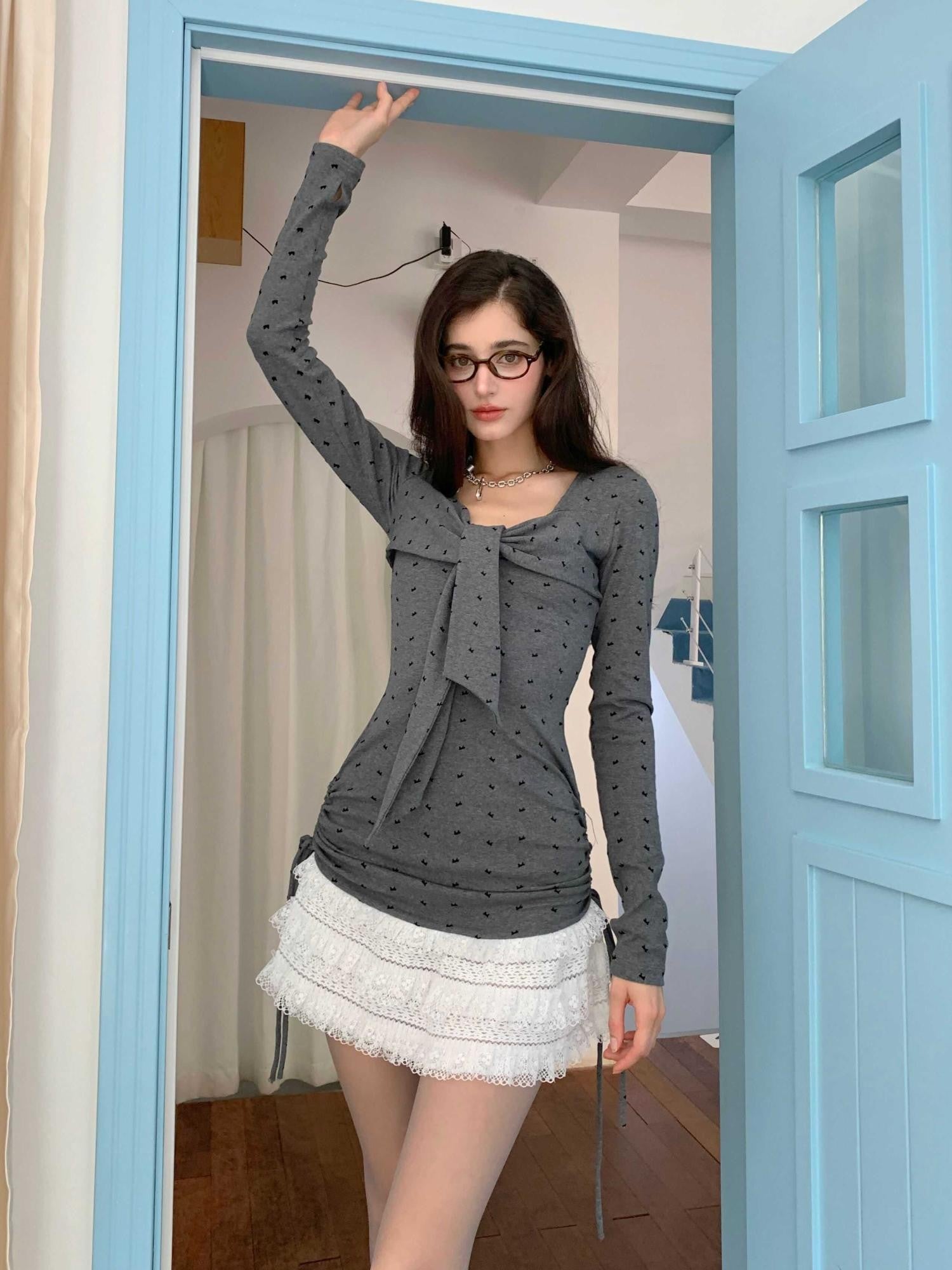 YZZI HE Gray Bow Print Ballet Gathered Puff Women&
