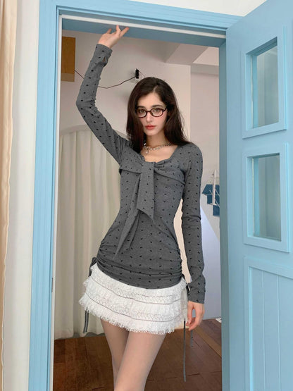 YZZI HE Gray Bow Print Ballet Gathered Puff Women&