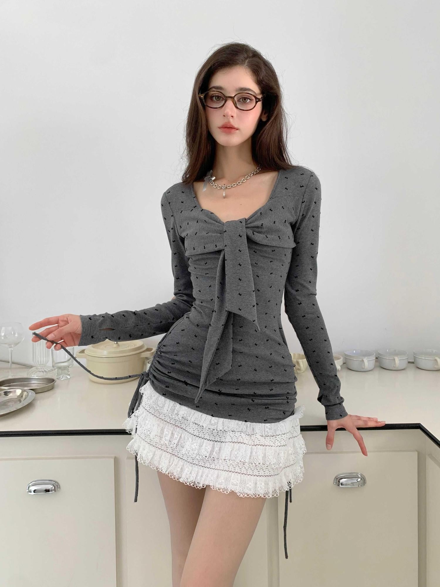 YZZI HE Gray Bow Print Ballet Gathered Puff Women&