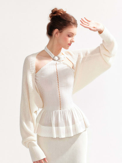 YZZI_HE_Hollow_Out_Halter_Ruffled_Short_Cardigan_Shirt_Women&
