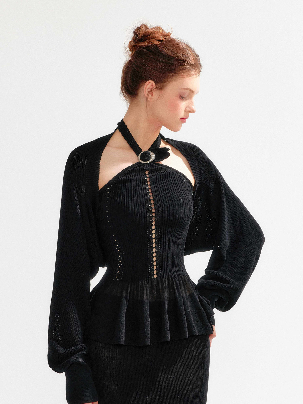 YZZI_HE_Hollow_Out_Halter_Ruffled_Short_Cardigan_Shirt_Women&