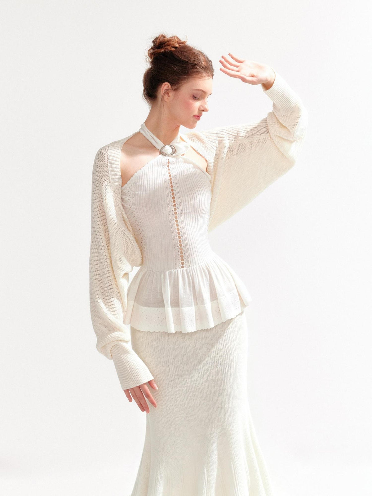 YZZI HE Hollow Out Halter Ruffled Short Cardigan Shirt Women&