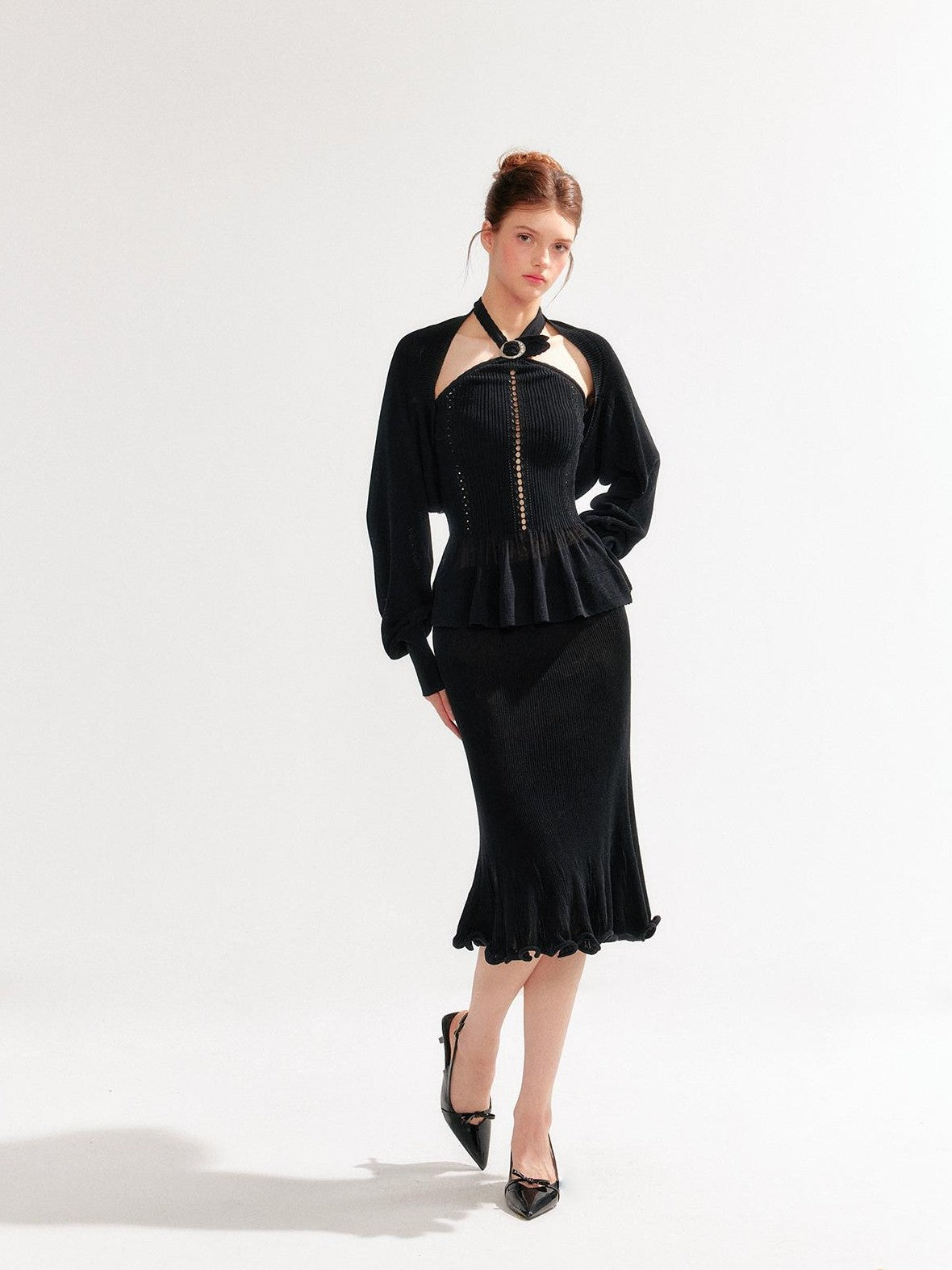 YZZI HE Hollow Out Halter Ruffled Short Cardigan Shirt Women&