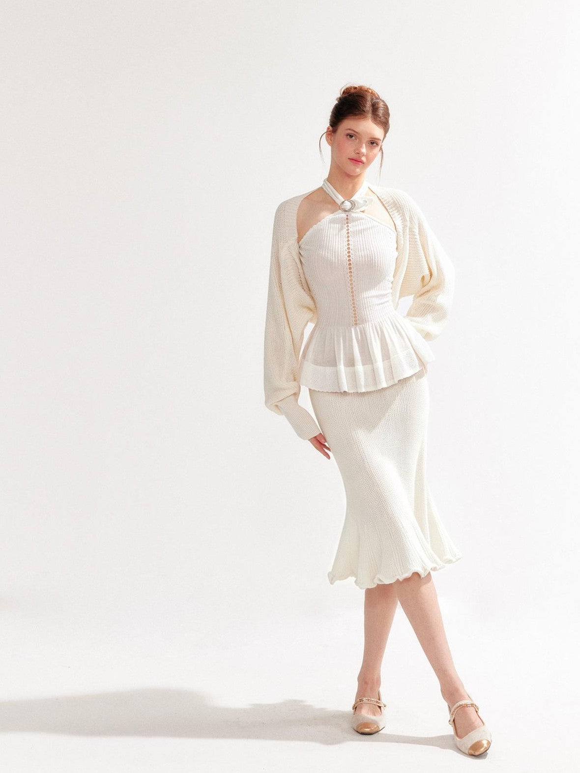 YZZI HE Hollow Out Halter Ruffled Short Cardigan Shirt Women&