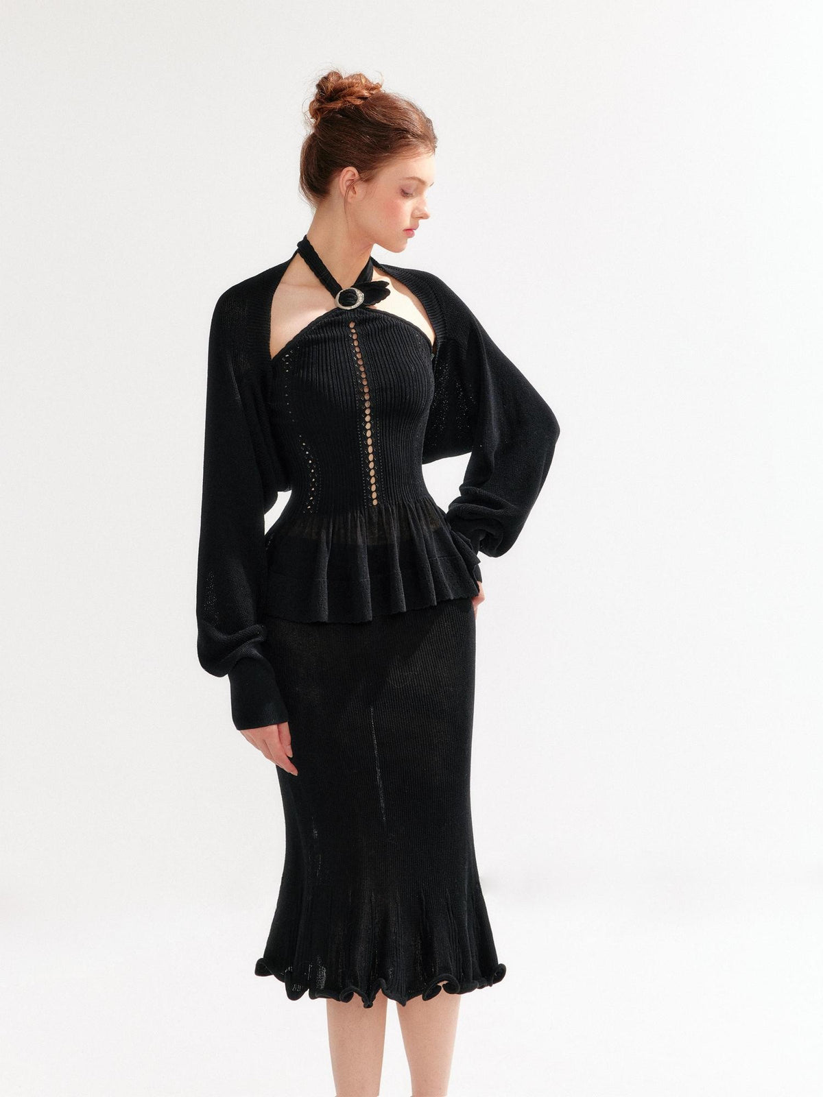 YZZI HE Hollow Out Halter Ruffled Short Cardigan Shirt Women&
