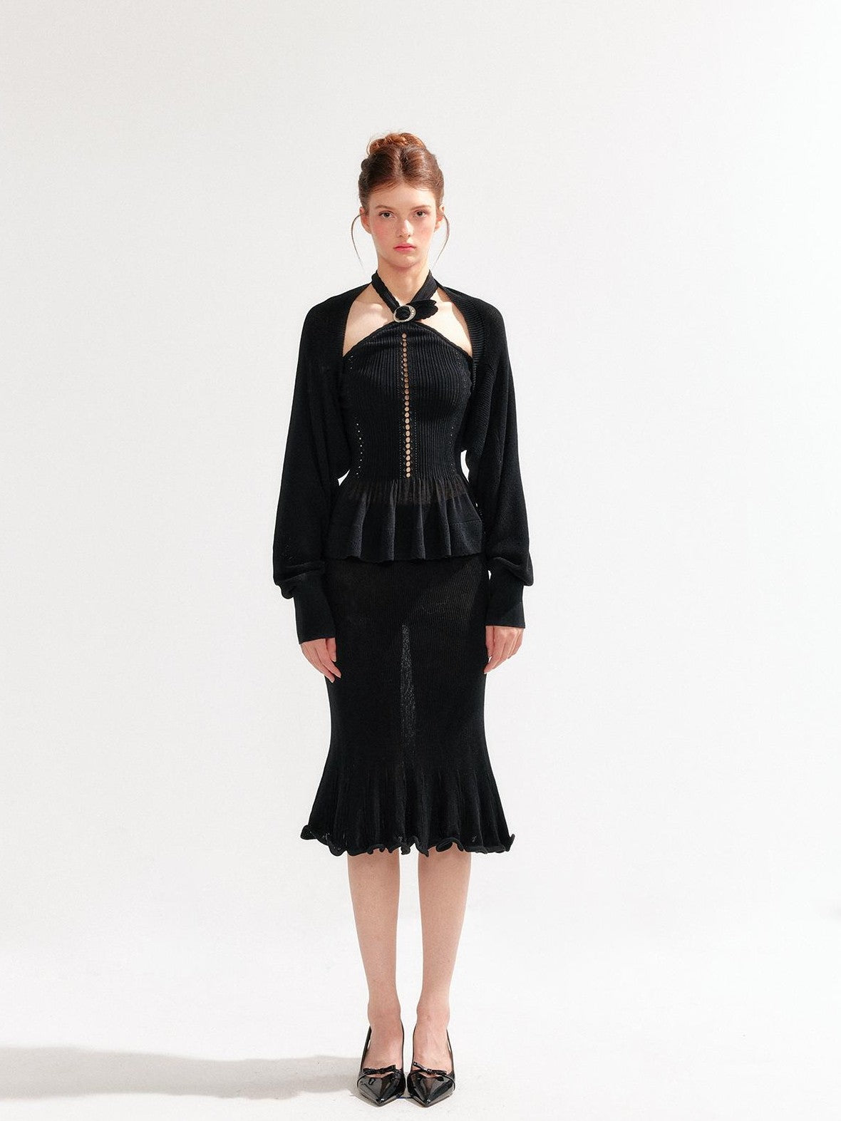 YZZI HE Hollow Out Halter Ruffled Short Cardigan Shirt Women&