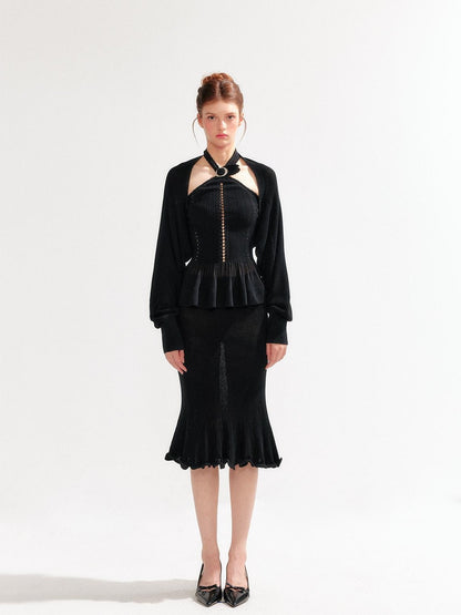 YZZI HE Hollow Out Halter Ruffled Short Cardigan Shirt Women&
