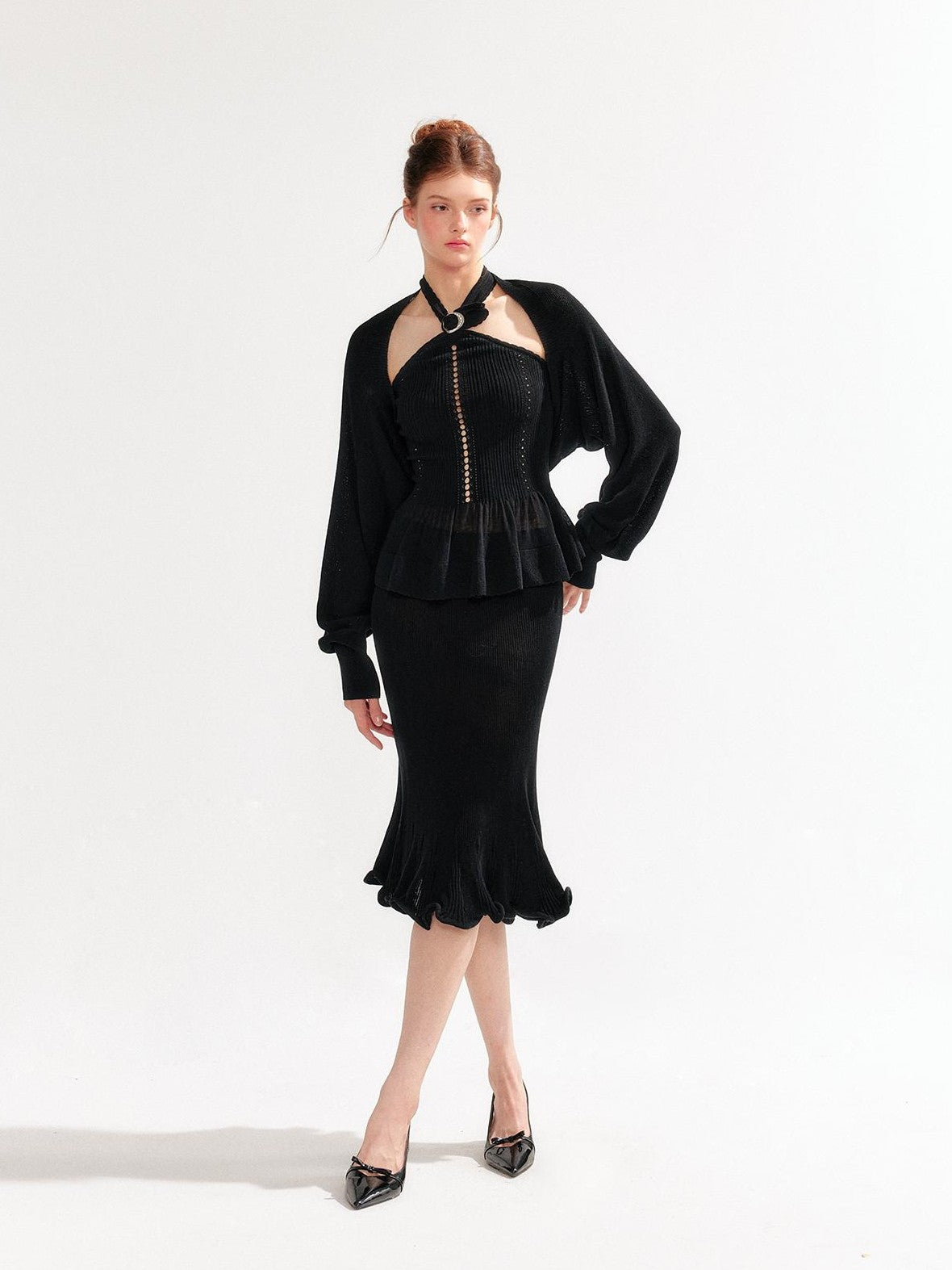 YZZI HE Hollow Out Halter Ruffled Short Cardigan Shirt Women&