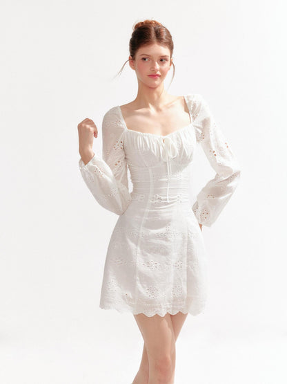 YZZI HE Hollow Out Puff Sleeve Square Neck A Line Women&