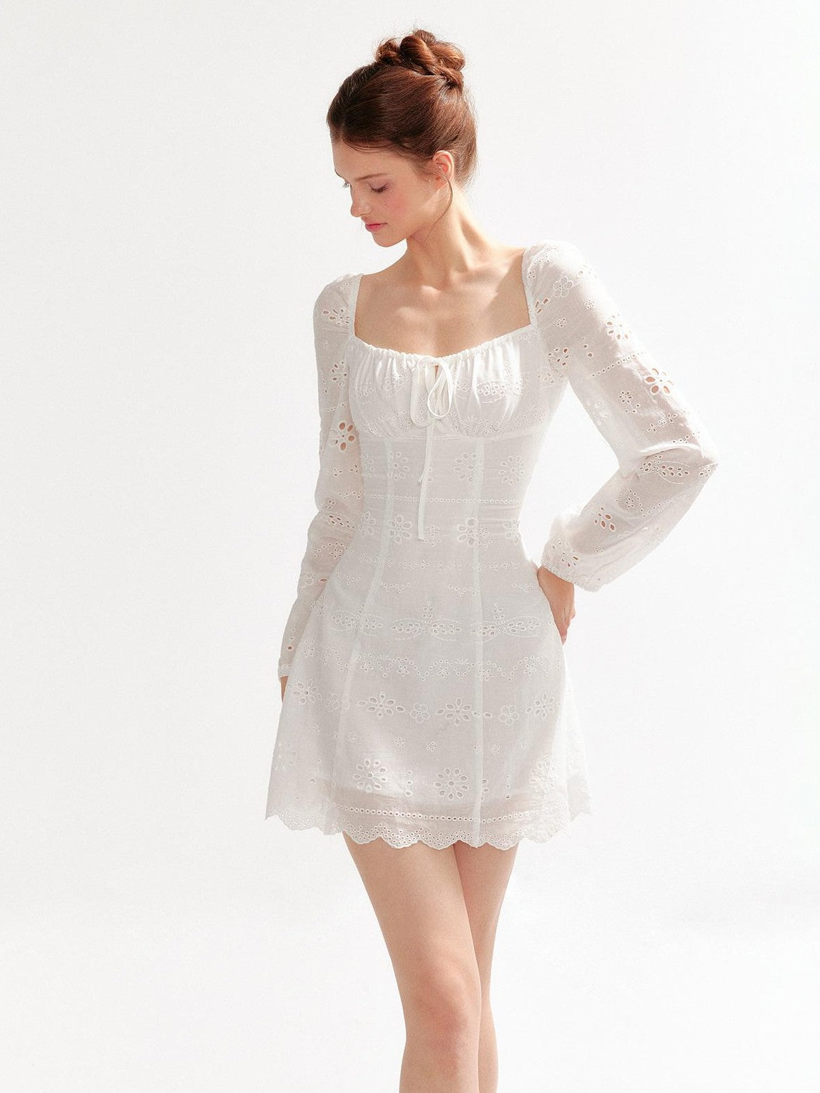 YZZI HE Hollow Out Puff Sleeve Square Neck A Line Women&