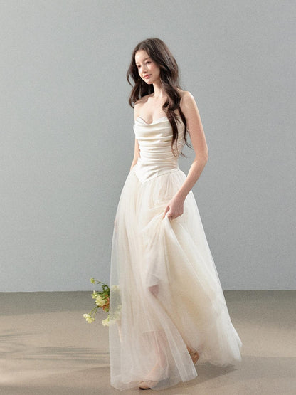 YZZI HE Ivory Satin Splice Voluminous Tulle Women&