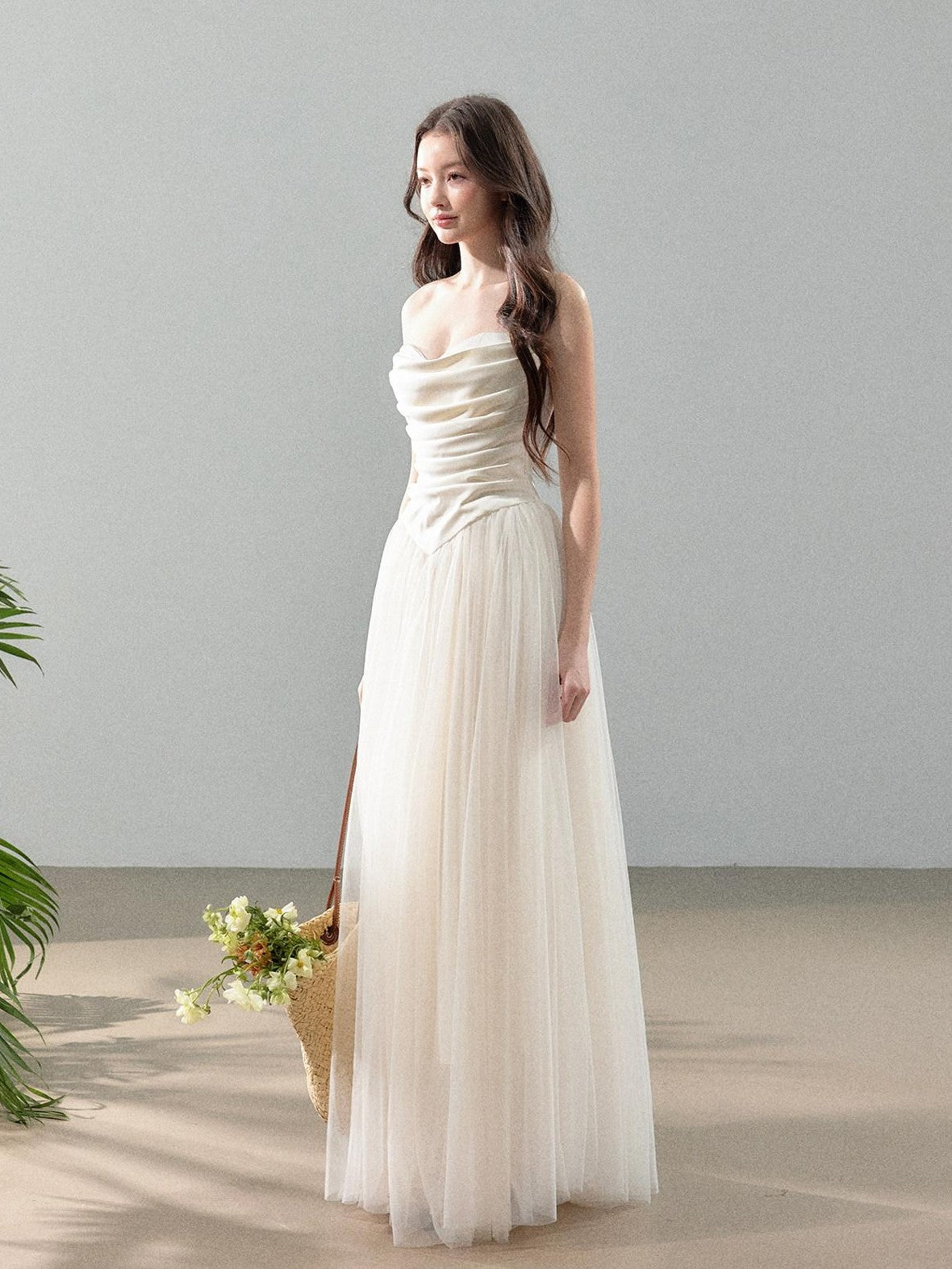 YZZI HE Ivory Satin Splice Voluminous Tulle Women&