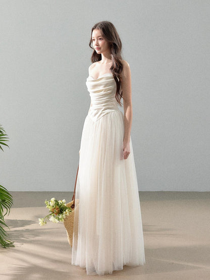 YZZI HE Ivory Satin Splice Voluminous Tulle Women&