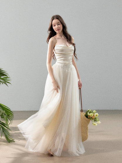 YZZI HE Ivory Satin Splice Voluminous Tulle Women&