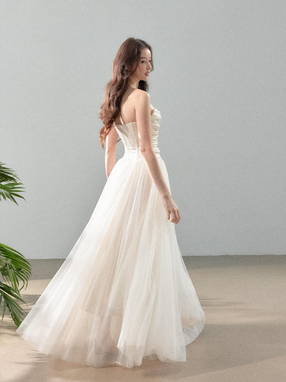 YZZI HE Ivory Satin Splice Voluminous Tulle Women&
