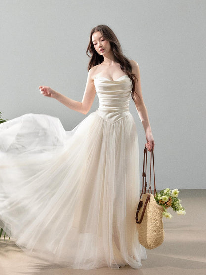 YZZI HE Ivory Satin Splice Voluminous Tulle Women&