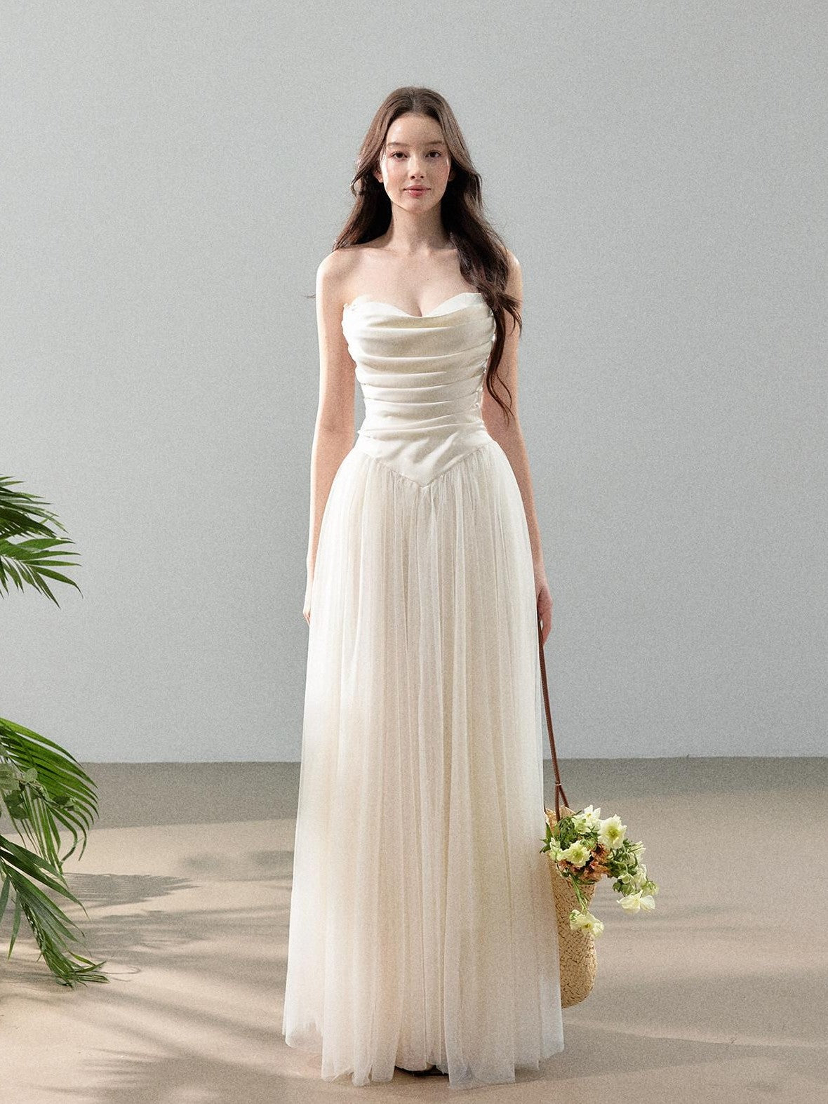 YZZI HE Ivory Satin Splice Voluminous Tulle Women&