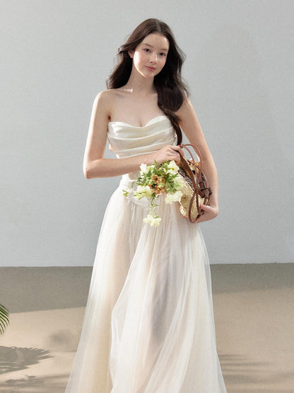 YZZI HE Ivory Satin Splice Voluminous Tulle Women&