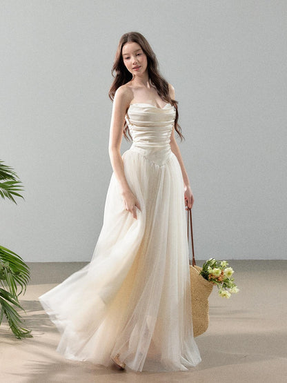 YZZI HE Ivory Satin Splice Voluminous Tulle Women&