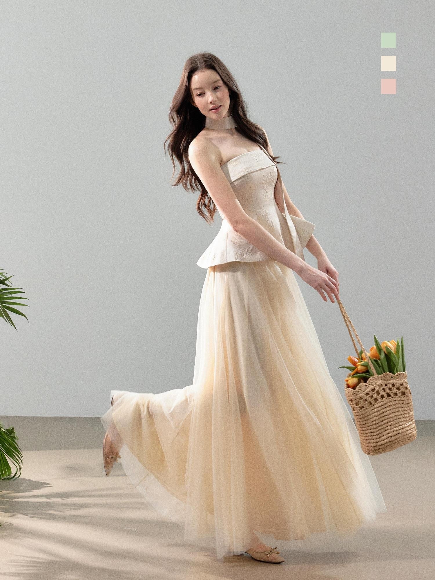 YZZI HE Jacquard Strapless Fitted Waist Modern Chinese Women&