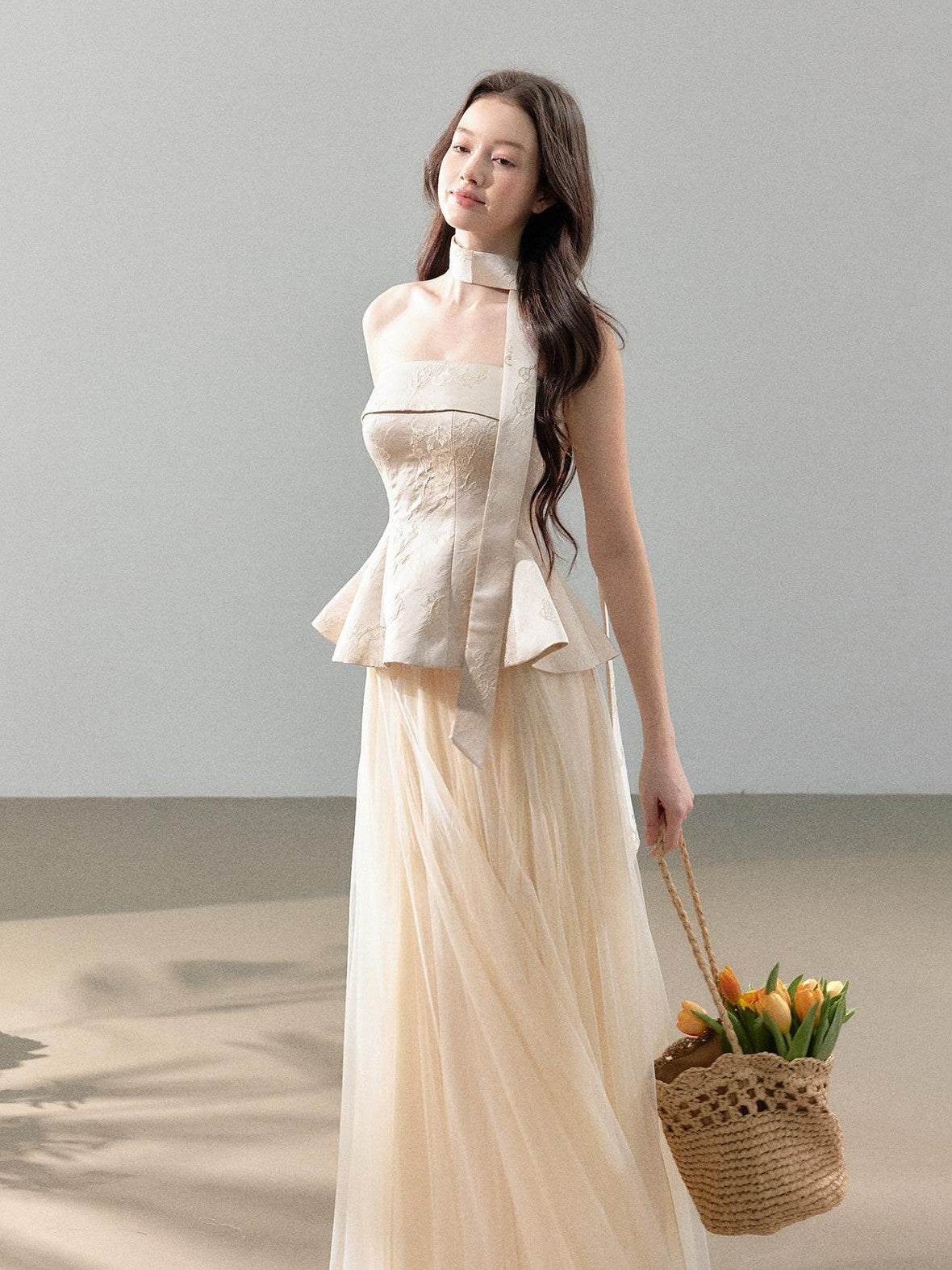 YZZI HE Jacquard Strapless Fitted Waist Modern Chinese Women&