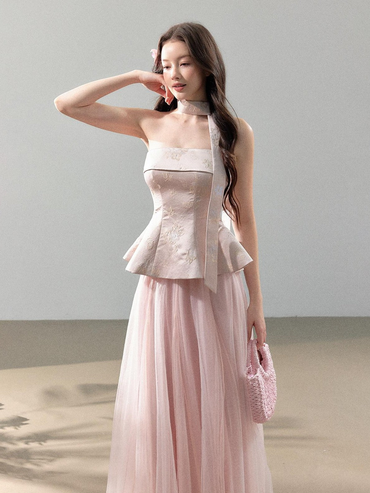 YZZI HE Jacquard Strapless Fitted Waist Modern Chinese Women&