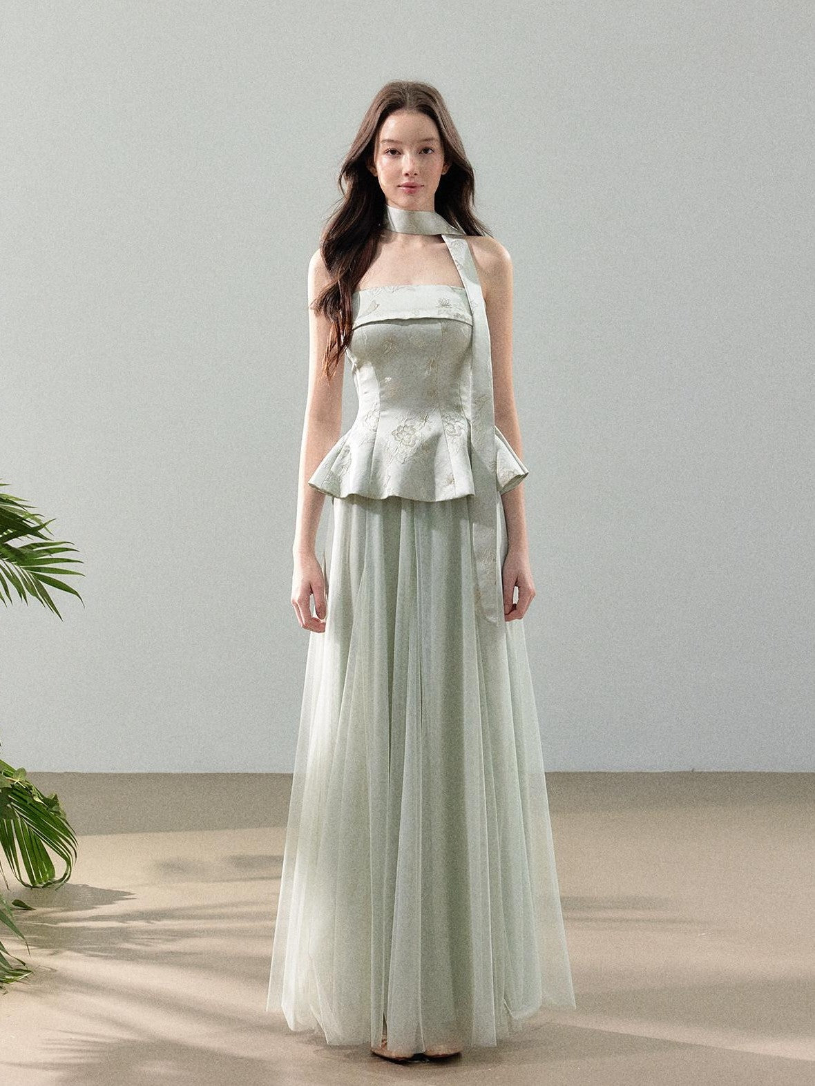 YZZI HE Jacquard Strapless Fitted Waist Modern Chinese Women&