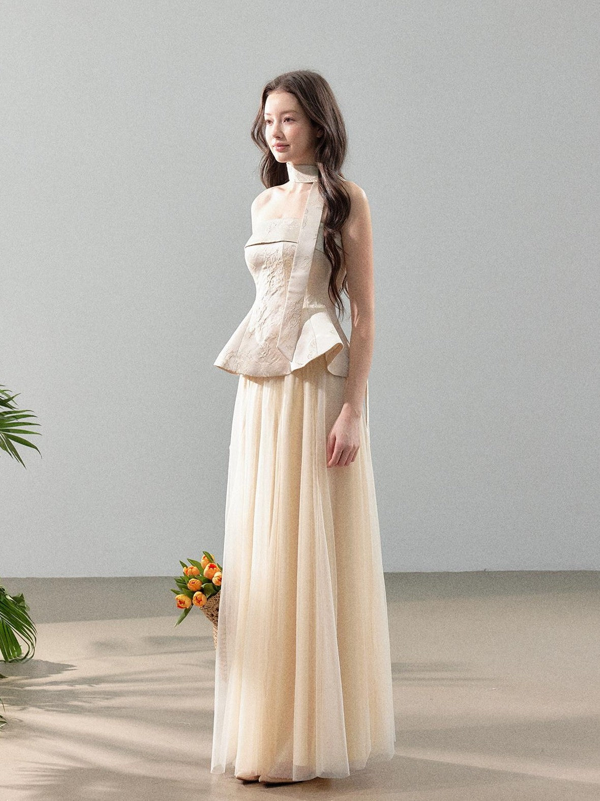 YZZI HE Jacquard Strapless Fitted Waist Modern Chinese Women&