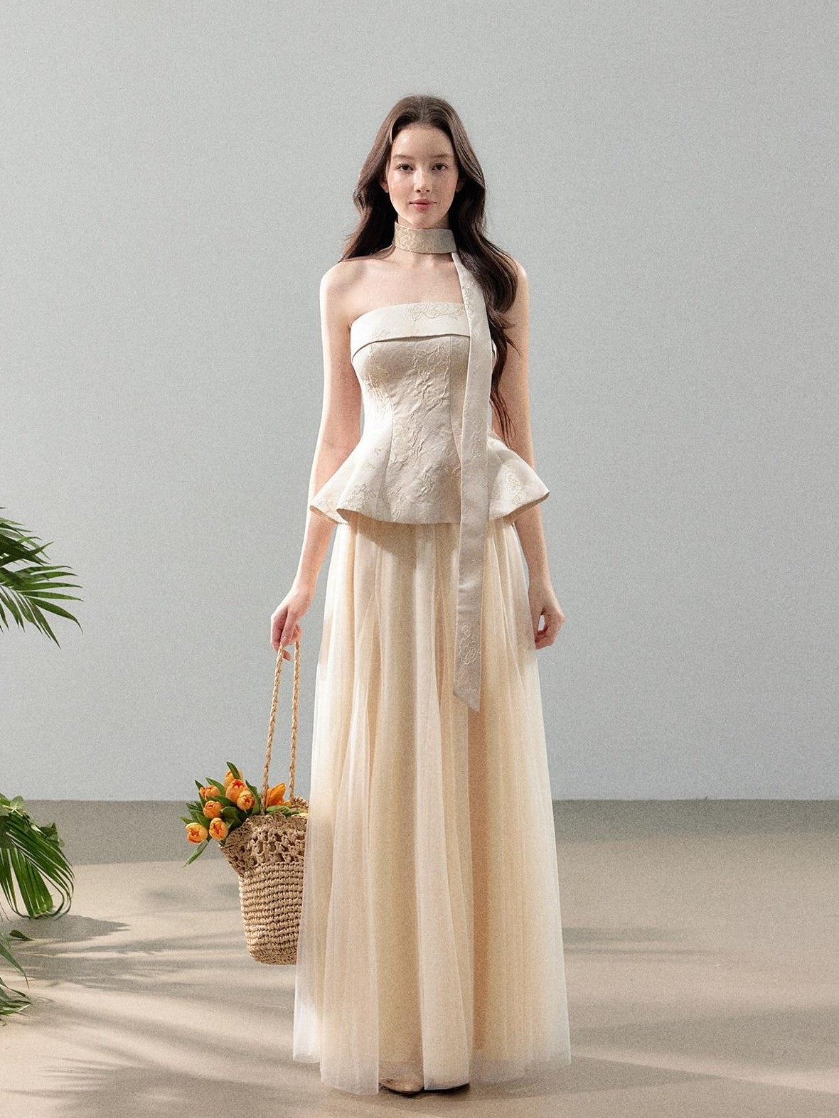YZZI HE Jacquard Strapless Fitted Waist Modern Chinese Women&