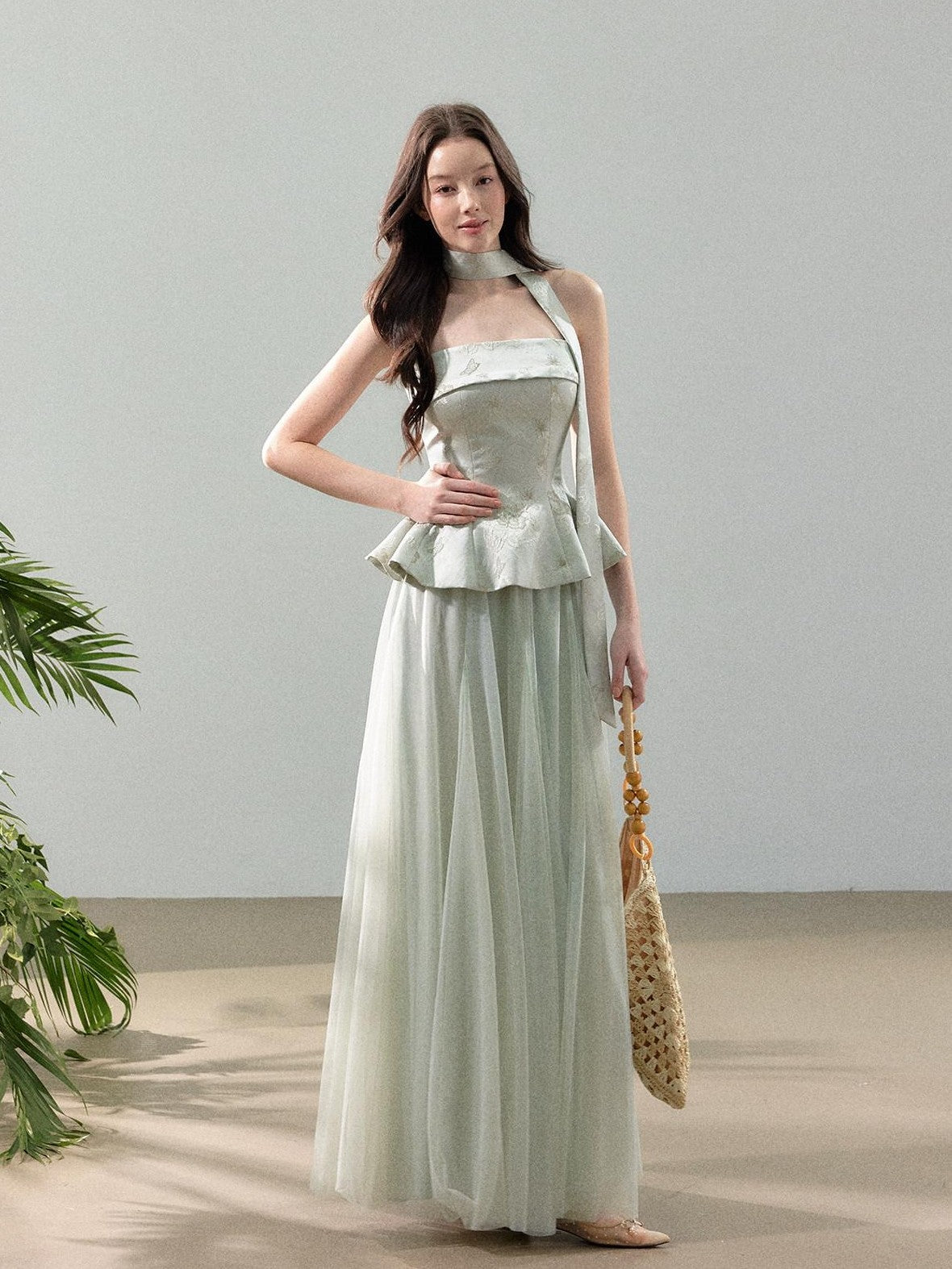 YZZI HE Jacquard Strapless Fitted Waist Modern Chinese Women&