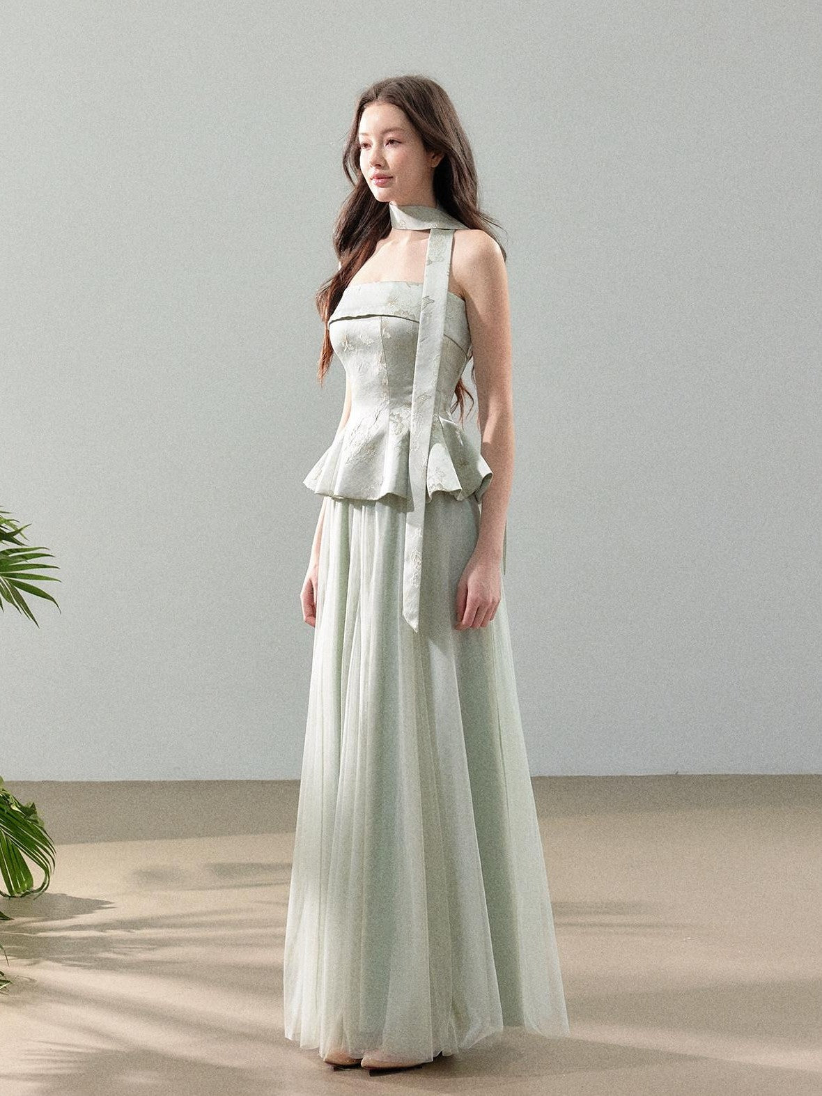 YZZI HE Jacquard Strapless Fitted Waist Modern Chinese Women&